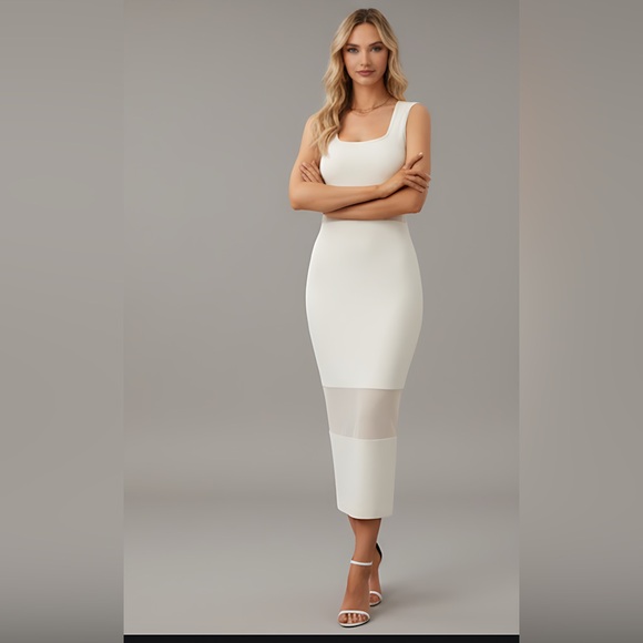 Beige Bodycon Mesh Split Back Dress - Picture 2 of 7
